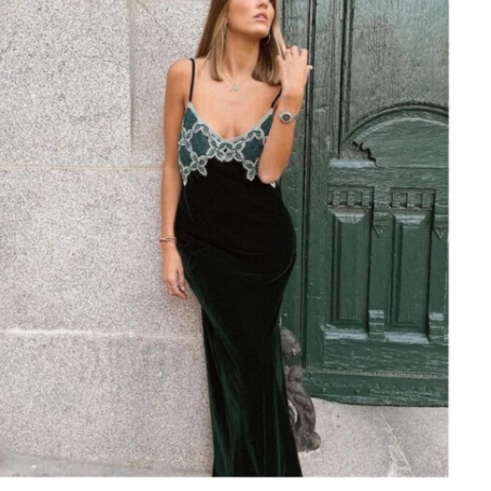 Zara green crochet velvet maxi dress size Large